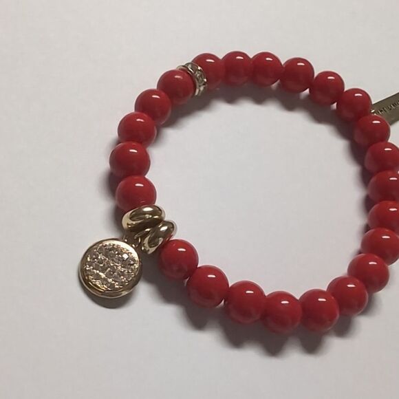 13 The Limited Red Beaded Gold Pave Disc Charm Stretch Bracelet - Picture 2 of 6